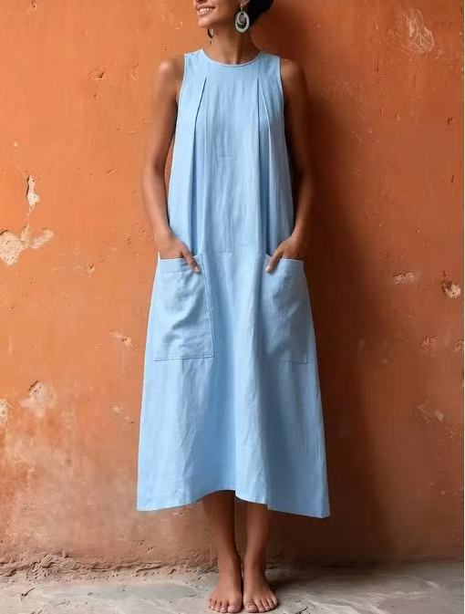 Womens Solid-color Sleeveless Pocketed Loose-fitting Dress