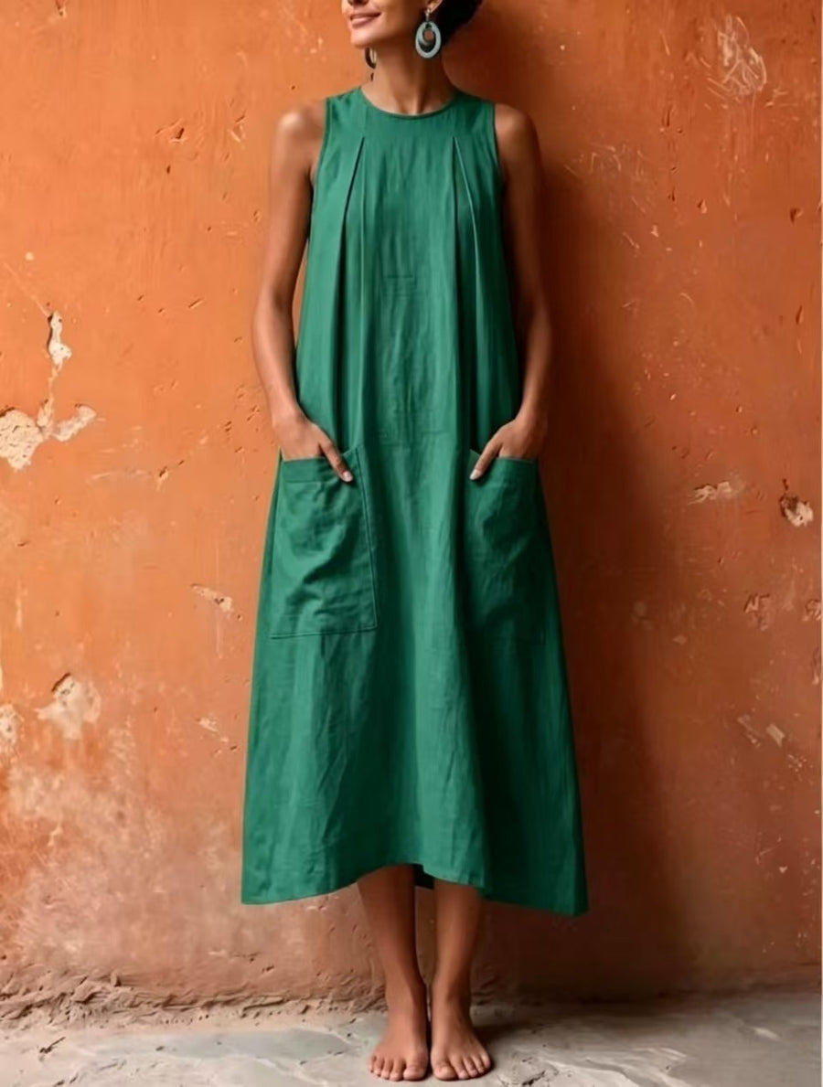 Womens Solid-color Sleeveless Pocketed Loose-fitting Dress