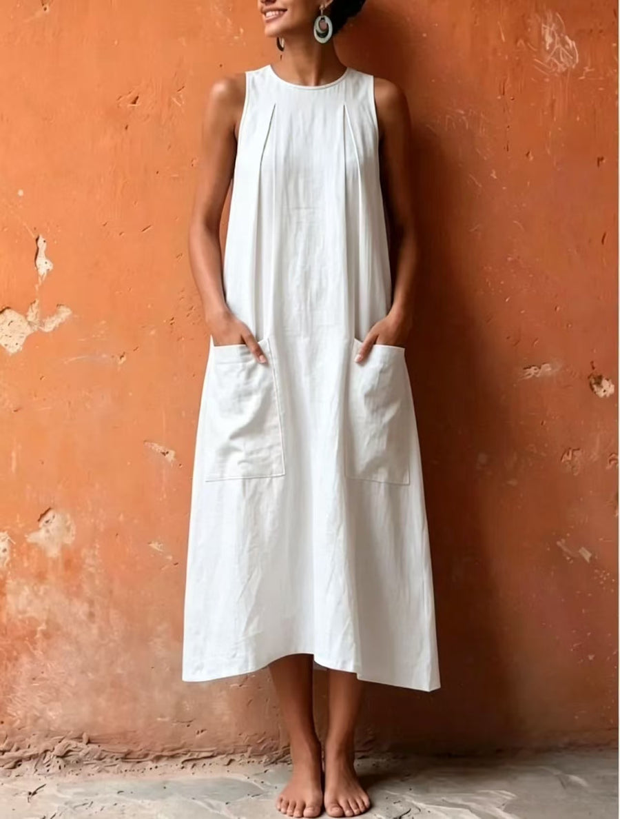 Womens Solid-color Sleeveless Pocketed Loose-fitting Dress