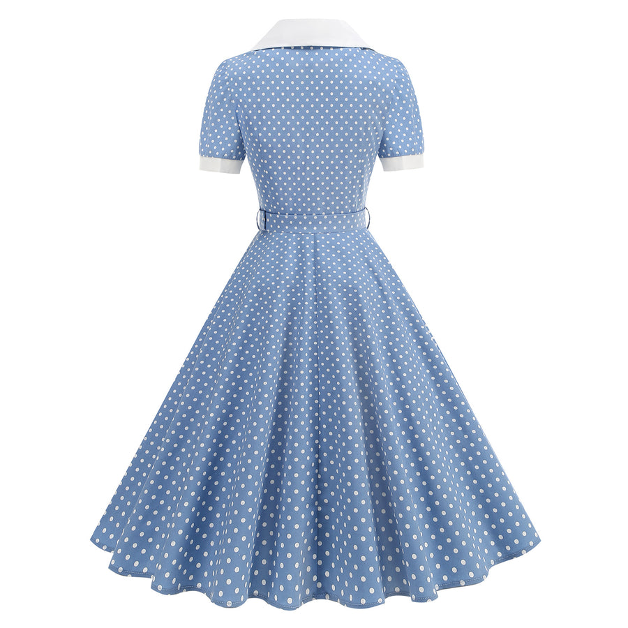 Contrast-color Lapel Slim-fit Polka-dot Maxi Dress for Women