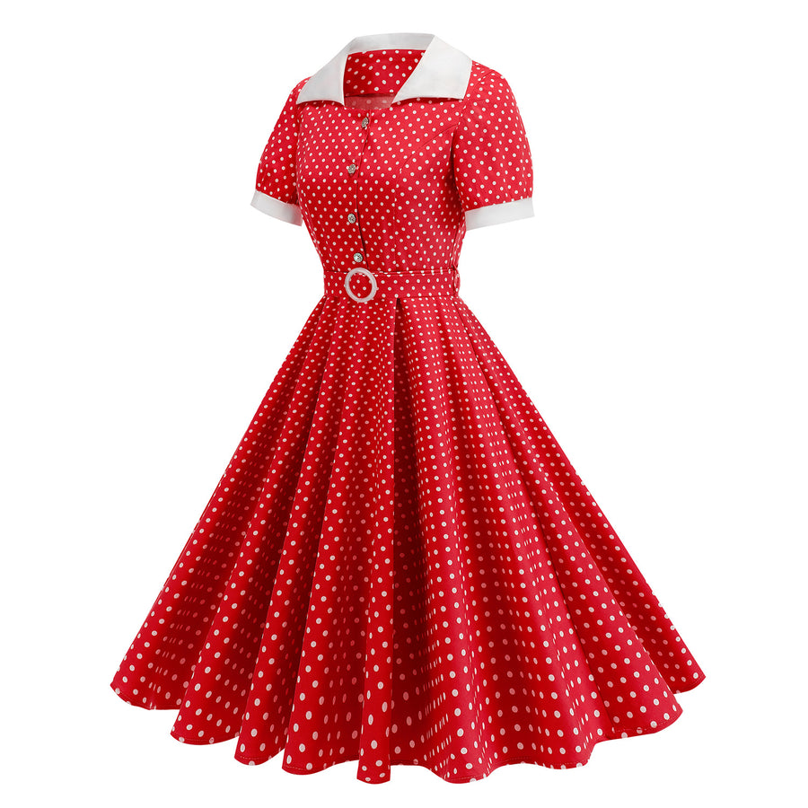 Contrast-color Lapel Slim-fit Polka-dot Maxi Dress for Women
