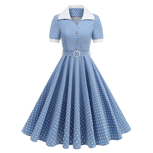 Contrast-color Lapel Slim-fit Polka-dot Maxi Dress for Women