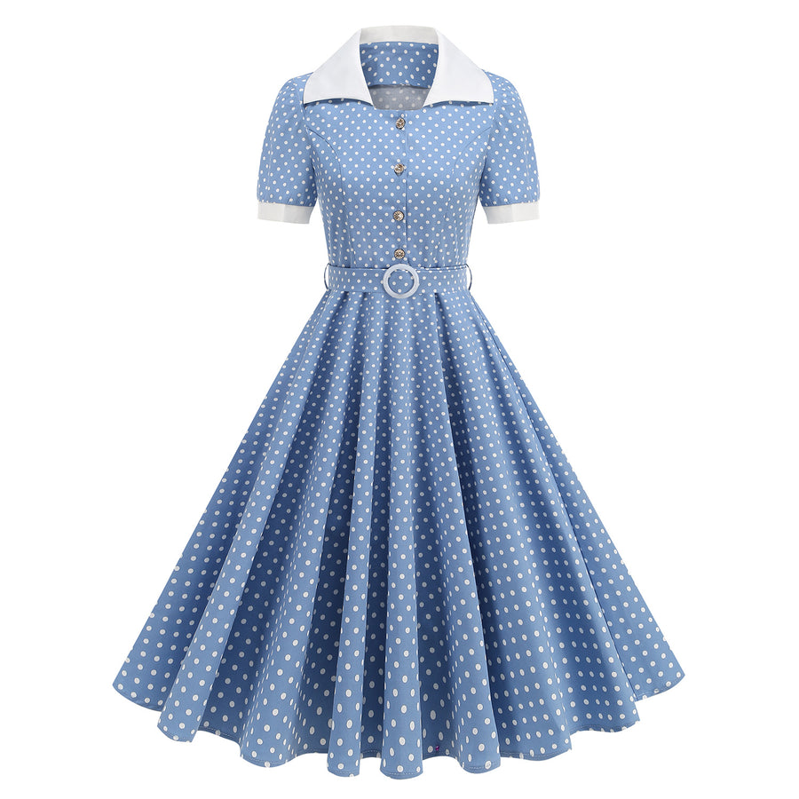 Contrast-color Lapel Slim-fit Polka-dot Maxi Dress for Women