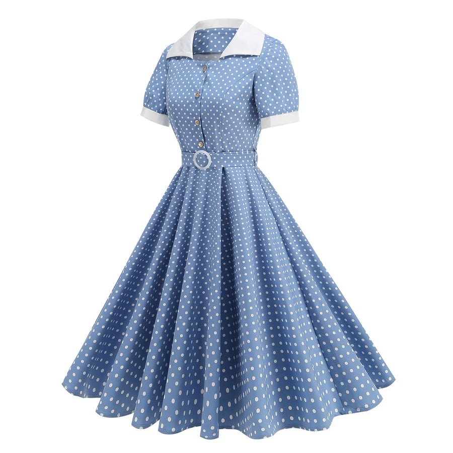 Contrast-color Lapel Slim-fit Polka-dot Maxi Dress for Women