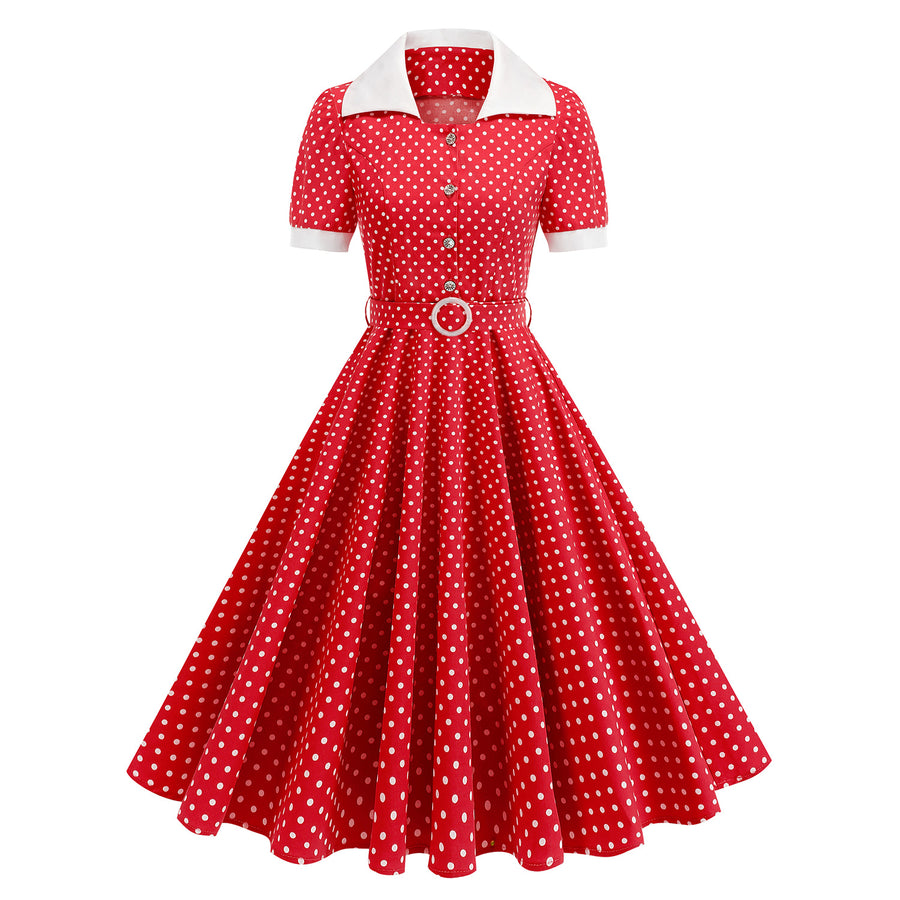 Contrast-color Lapel Slim-fit Polka-dot Maxi Dress for Women