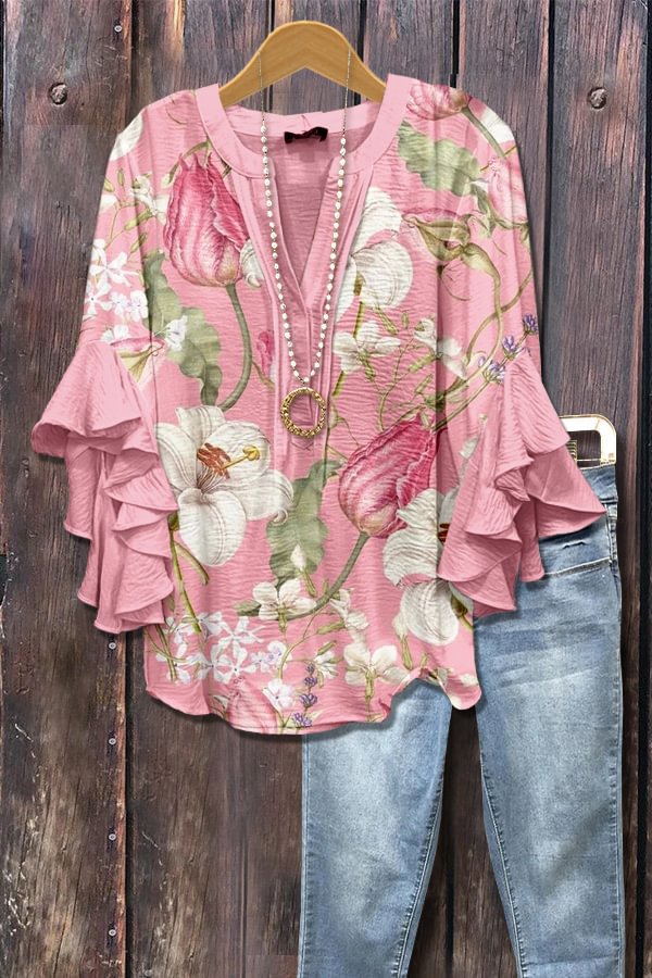 Casual V-neck T-shirt With Lace Trim for Women