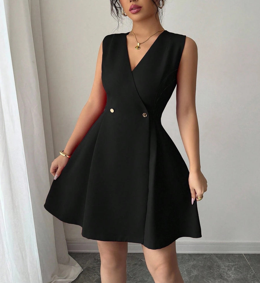Double-breasted Pleated Sleeveless A-line Mini Dress