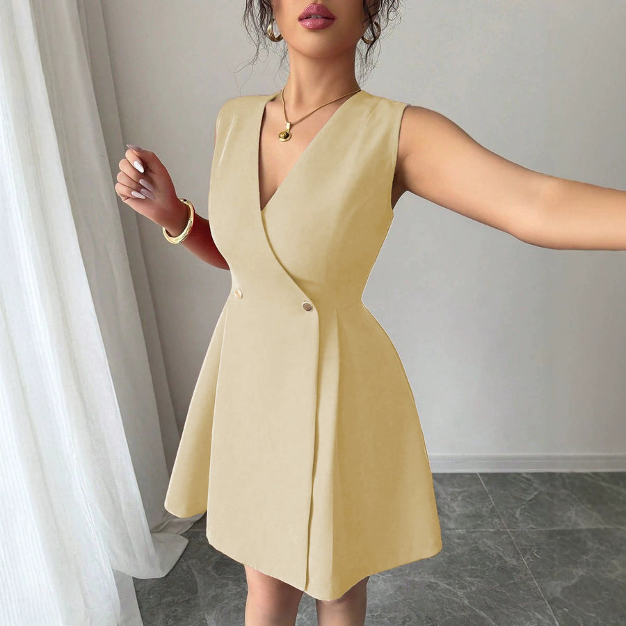 Double-breasted Pleated Sleeveless A-line Mini Dress