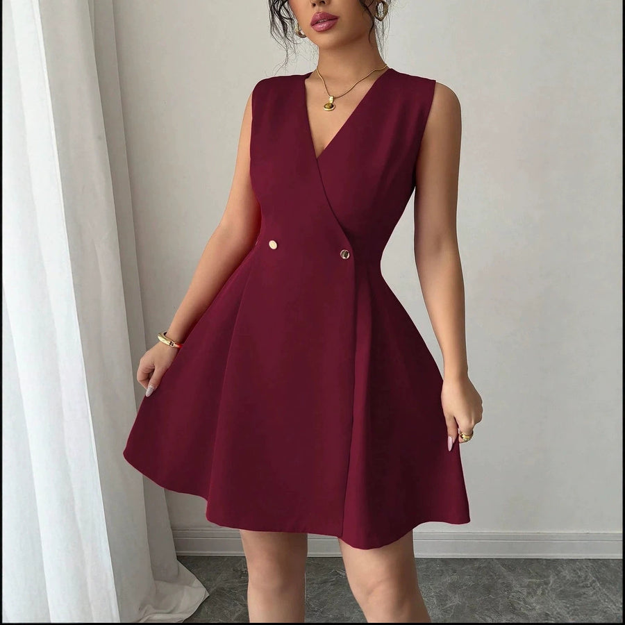 Double-breasted Pleated Sleeveless A-line Mini Dress