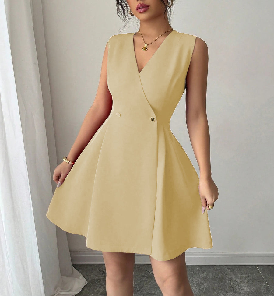 Double-breasted Pleated Sleeveless A-line Mini Dress