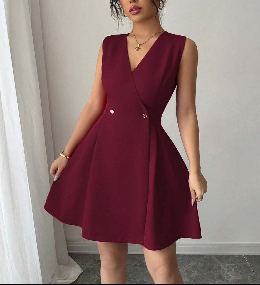 Double-breasted Pleated Sleeveless A-line Mini Dress