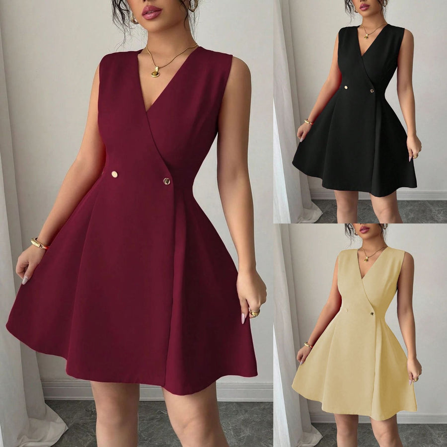 Double-breasted Pleated Sleeveless A-line Mini Dress