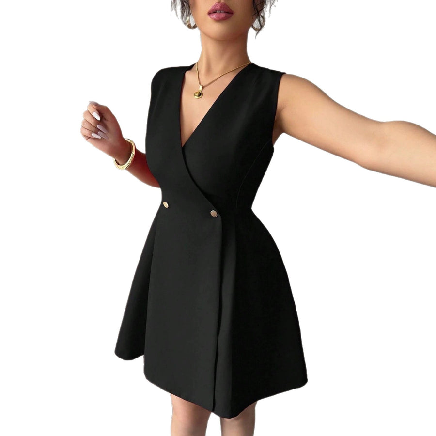 Double-breasted Pleated Sleeveless A-line Mini Dress