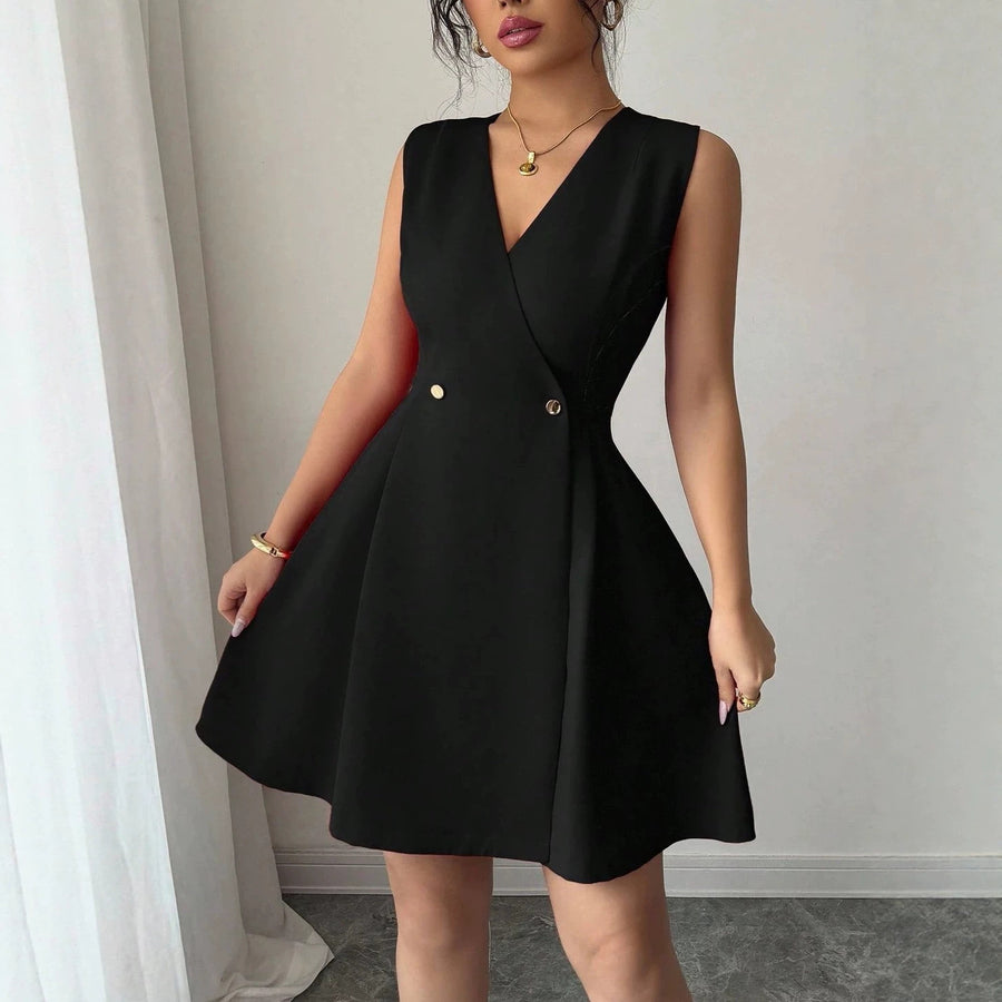 Double-breasted Pleated Sleeveless A-line Mini Dress