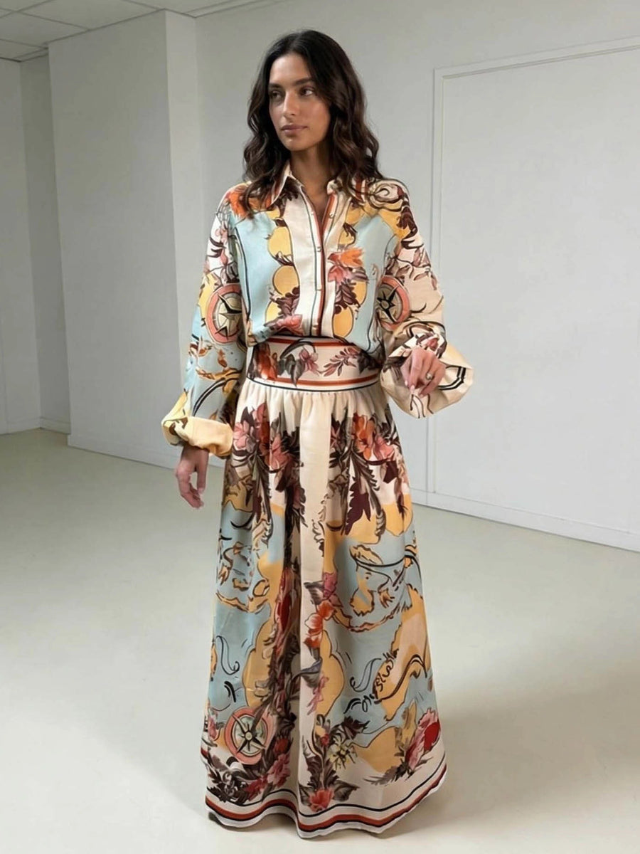 Painted Resort-Style Shirt and Maxi Skirt Set for Women