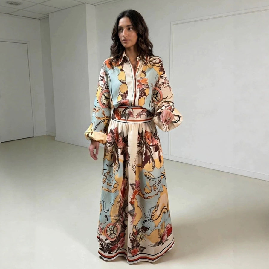 Painted Resort-Style Shirt and Maxi Skirt Set for Women