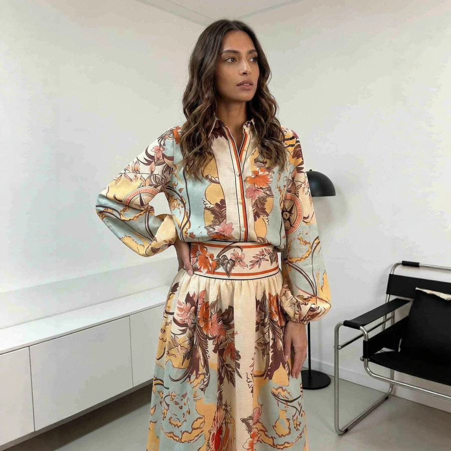 Painted Resort-Style Shirt and Maxi Skirt Set for Women