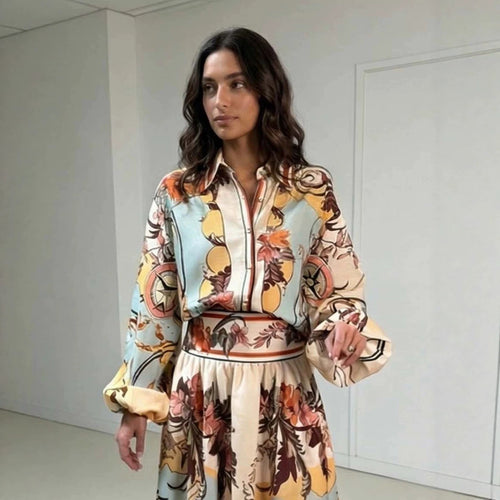 Painted Resort-Style Shirt and Maxi Skirt Set for Women