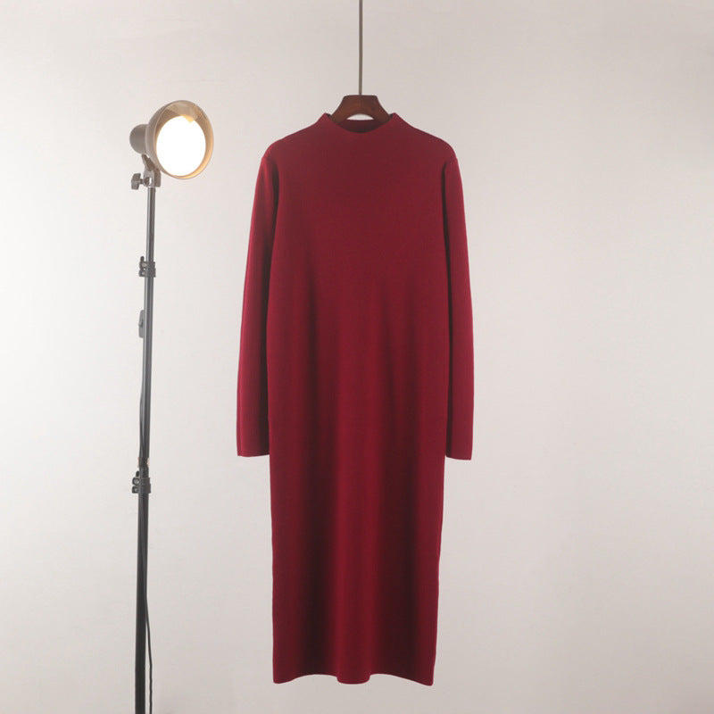 Half-High Neck Straight-Leg Sweater Dress Below The Knee