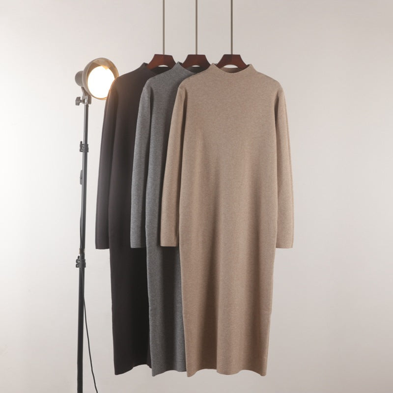 Half-High Neck Straight-Leg Sweater Dress Below The Knee