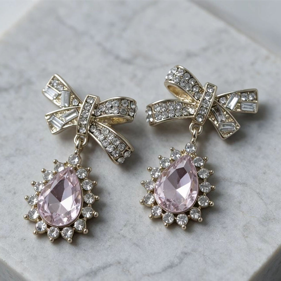 Everyday Versatile Stud Earrings for Women - Crystal Droplet with Bow