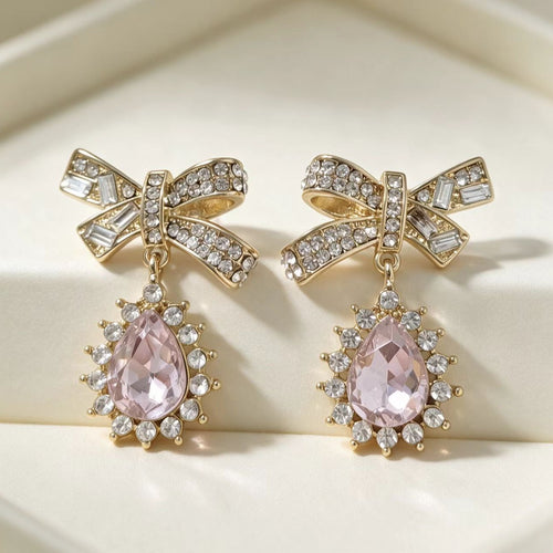 Everyday Versatile Stud Earrings for Women - Crystal Droplet with Bow