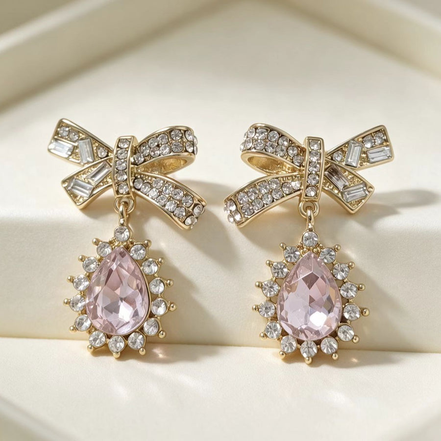 Everyday Versatile Stud Earrings for Women - Crystal Droplet with Bow