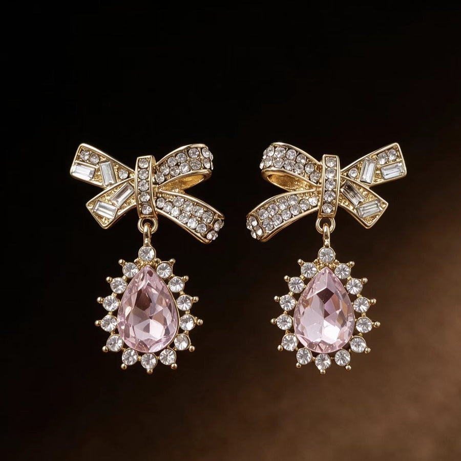 Everyday Versatile Stud Earrings for Women - Crystal Droplet with Bow