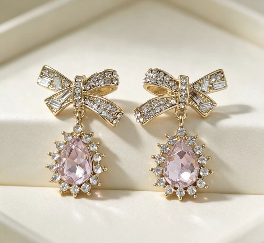 Everyday Versatile Stud Earrings for Women - Crystal Droplet with Bow