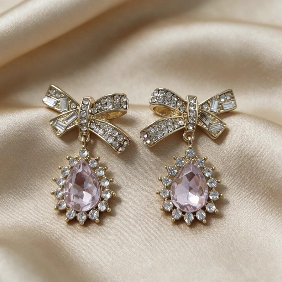 Everyday Versatile Stud Earrings for Women - Crystal Droplet with Bow