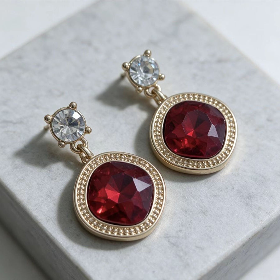 Square Cut Red Ice Flower Ear Earrings for Women