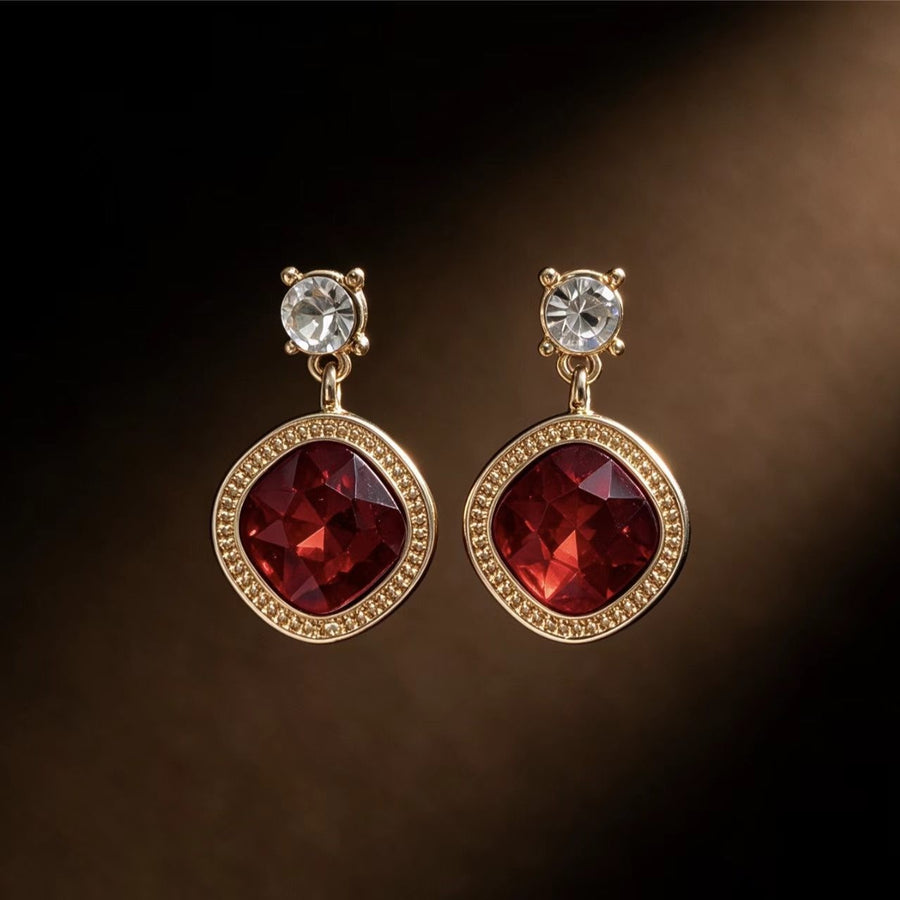 Square Cut Red Ice Flower Ear Earrings for Women