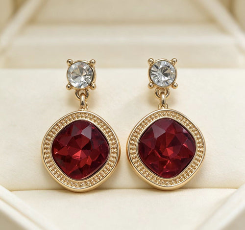 Square Cut Red Ice Flower Ear Earrings for Women