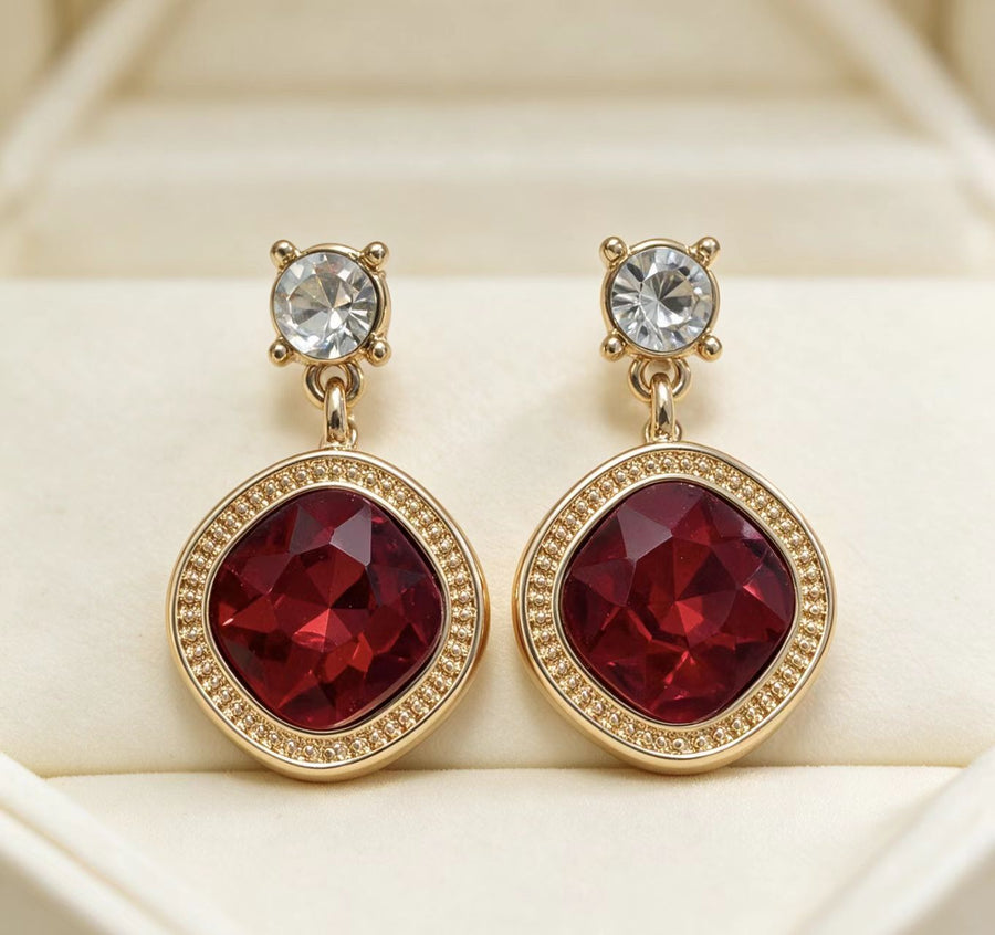 Square Cut Red Ice Flower Ear Earrings for Women