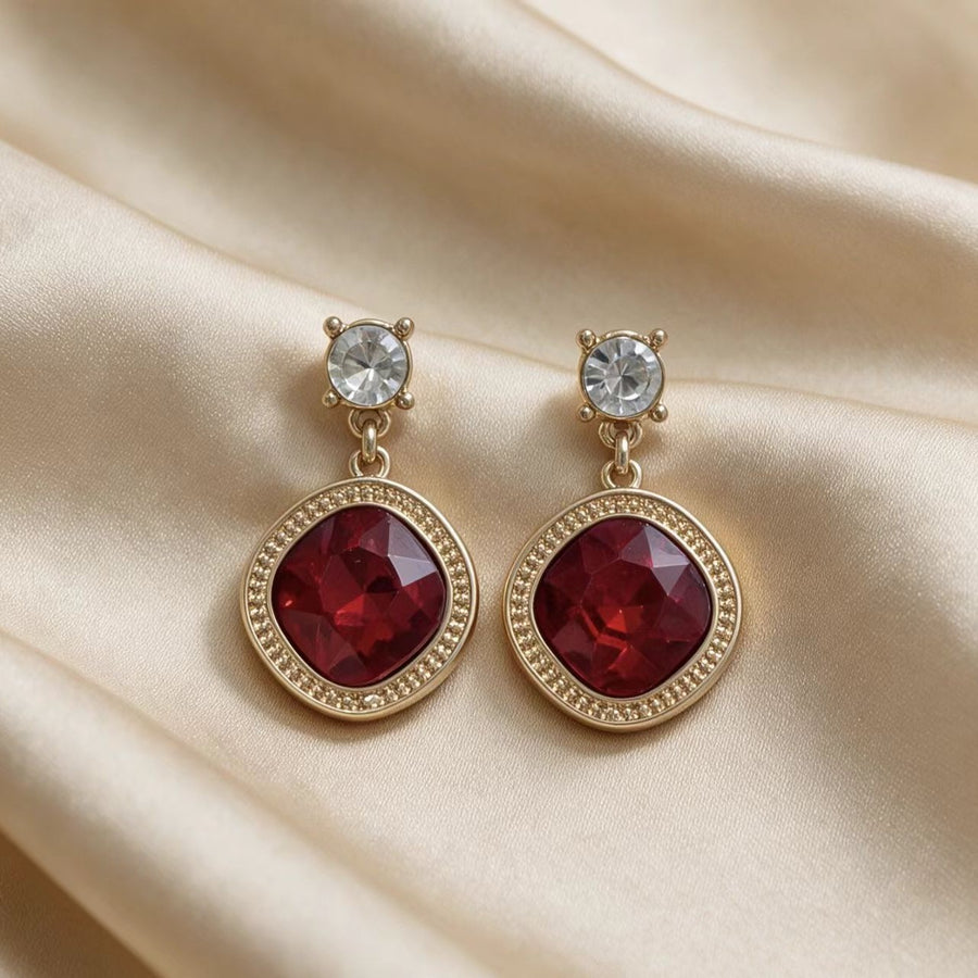 Square Cut Red Ice Flower Ear Earrings for Women