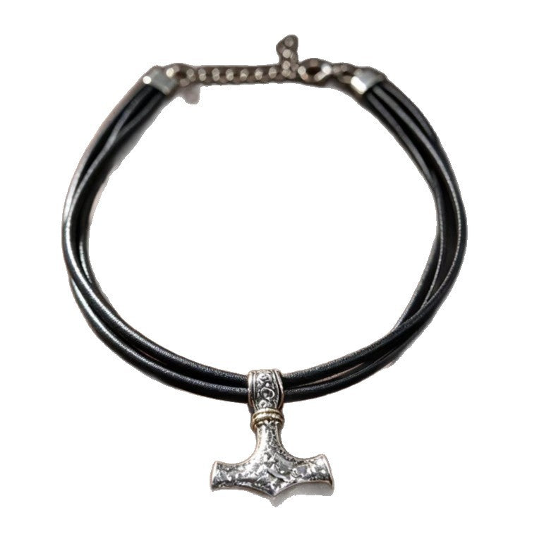 Vintage Nordic Thors Hammer Pendant Leather Rope Necklace