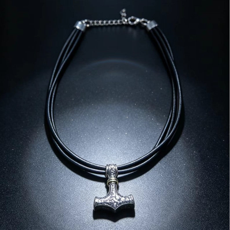 Vintage Nordic Thors Hammer Pendant Leather Rope Necklace