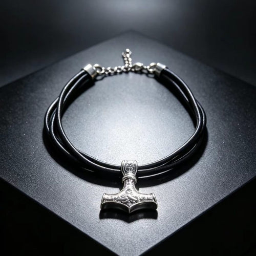 Vintage Nordic Thors Hammer Pendant Leather Rope Necklace