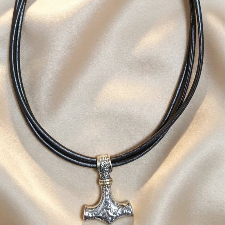 Vintage Nordic Thors Hammer Pendant Leather Rope Necklace
