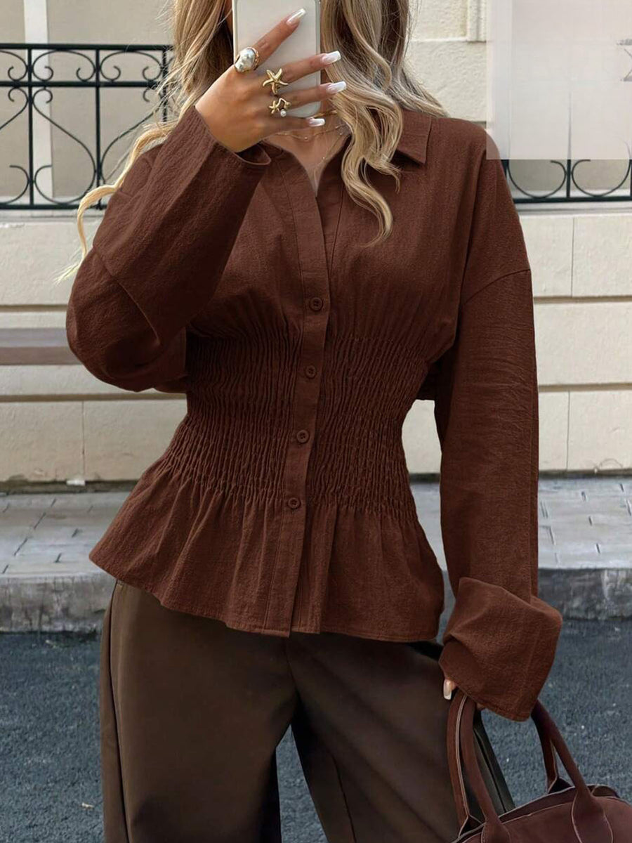 Elegant Solid-color Pleated Waist-cinching Blouse Top