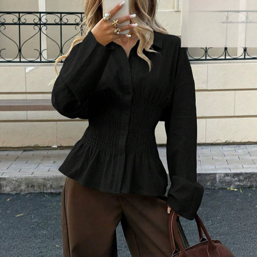 Elegant Solid-color Pleated Waist-cinching Blouse Top