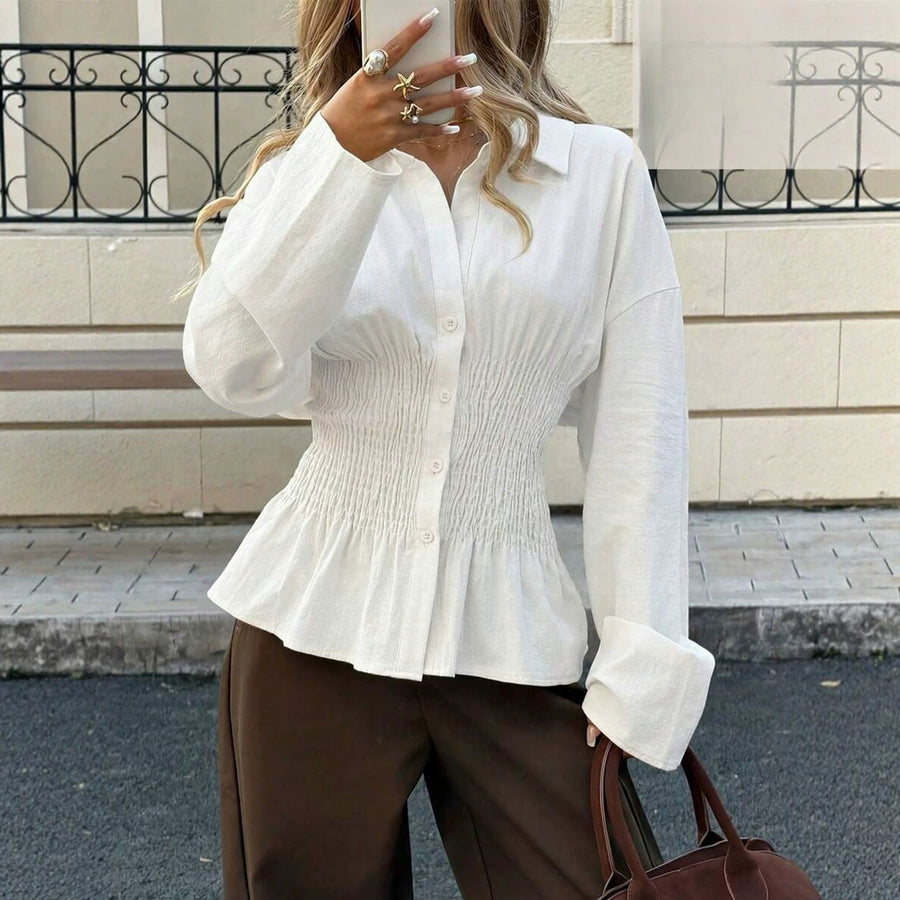 Elegant Solid-color Pleated Waist-cinching Blouse Top