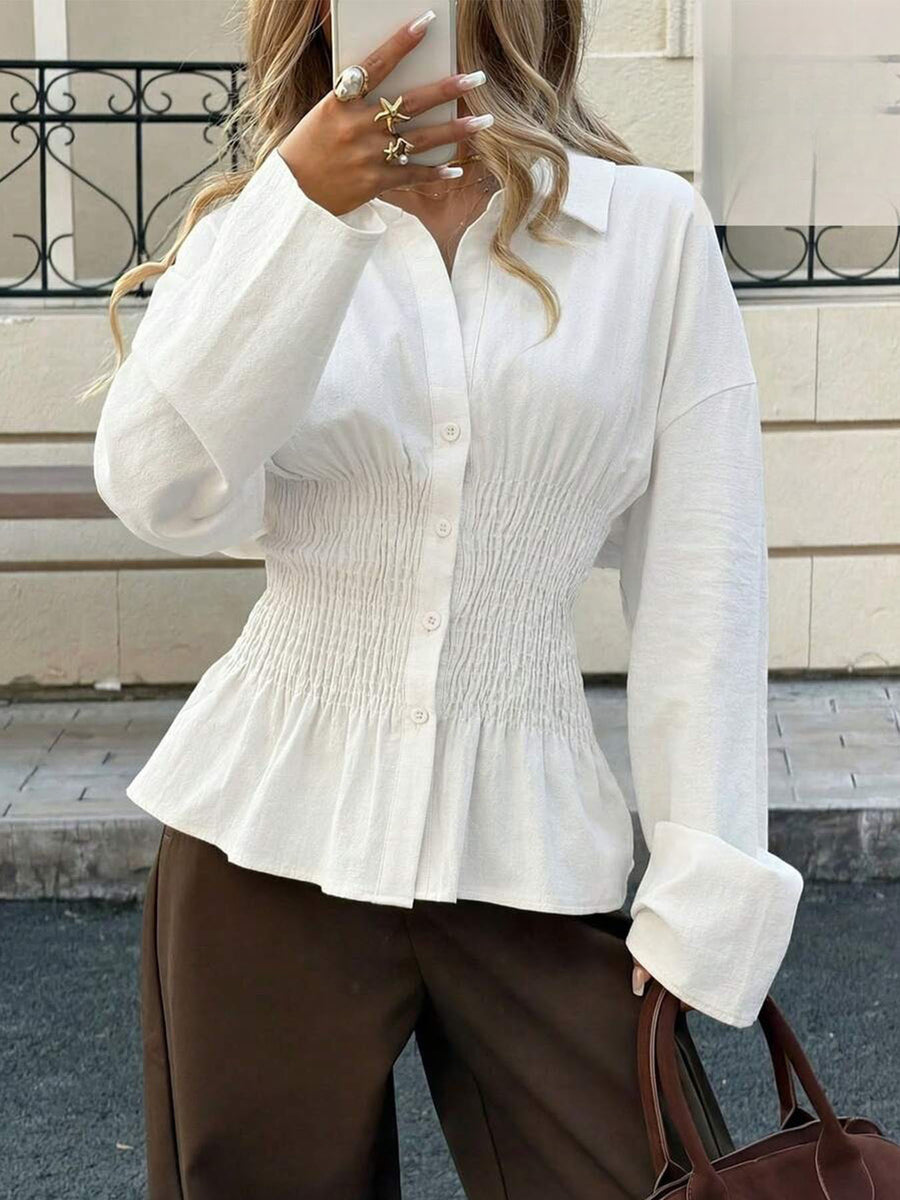 Elegant Solid-color Pleated Waist-cinching Blouse Top