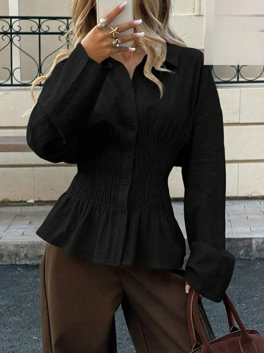 Elegant Solid-color Pleated Waist-cinching Blouse Top