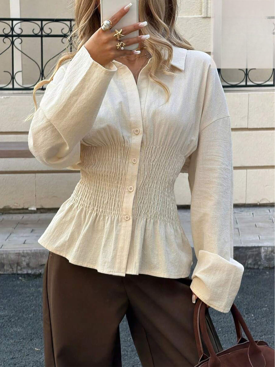 Elegant Solid-color Pleated Waist-cinching Blouse Top
