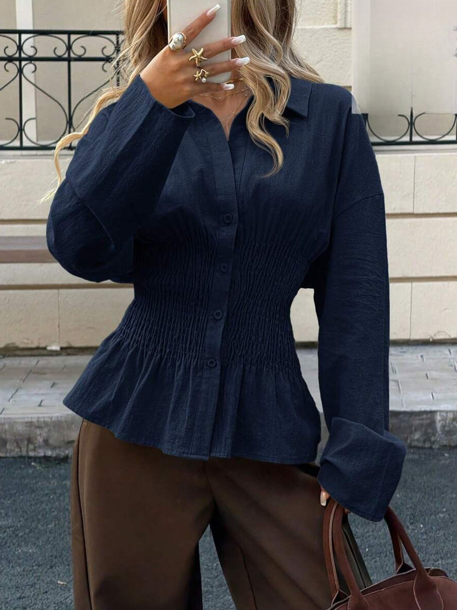 Elegant Solid-color Pleated Waist-cinching Blouse Top