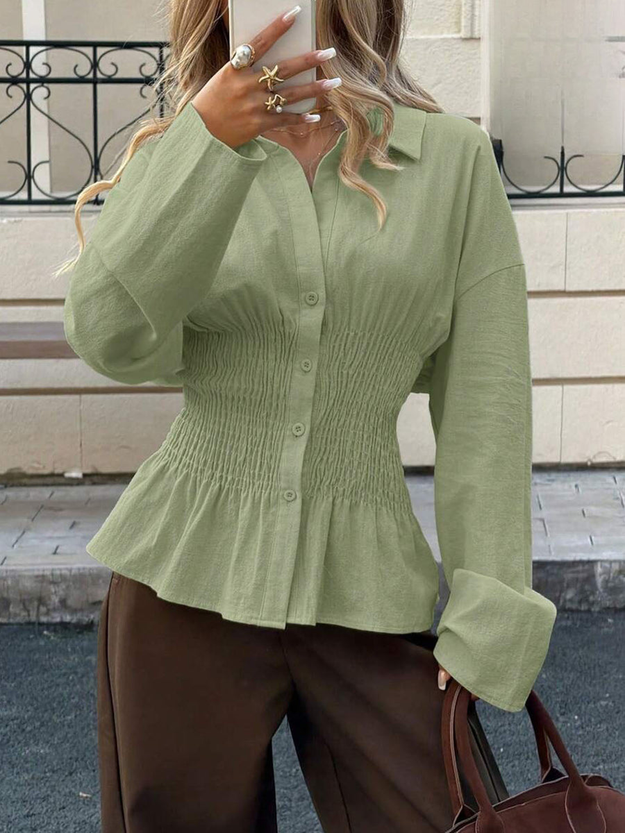 Elegant Solid-color Pleated Waist-cinching Blouse Top