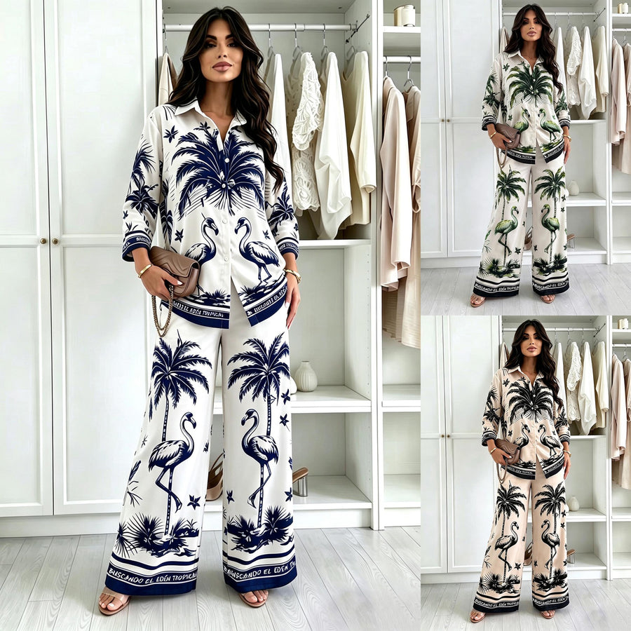 Stylish Printed Blouse Top Patterned Pants Set for Chic Look