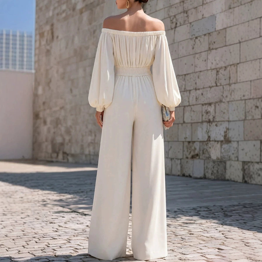 One-shoulder Puff-sleeve Waist-cinching Wide-leg Jumpsuit