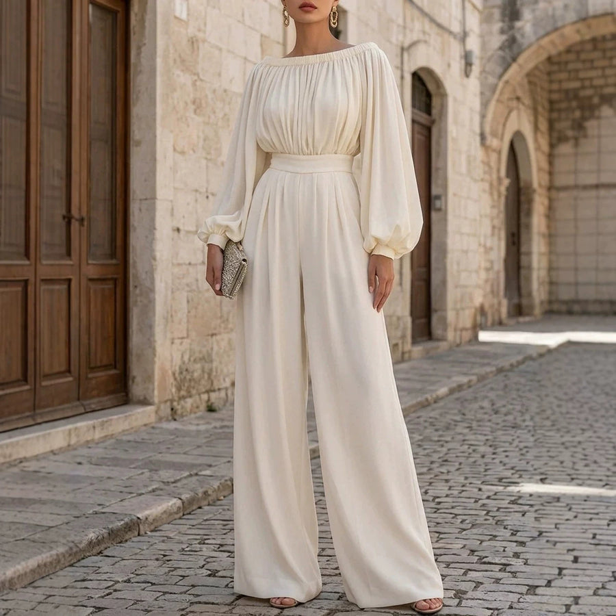 One-shoulder Puff-sleeve Waist-cinching Wide-leg Jumpsuit